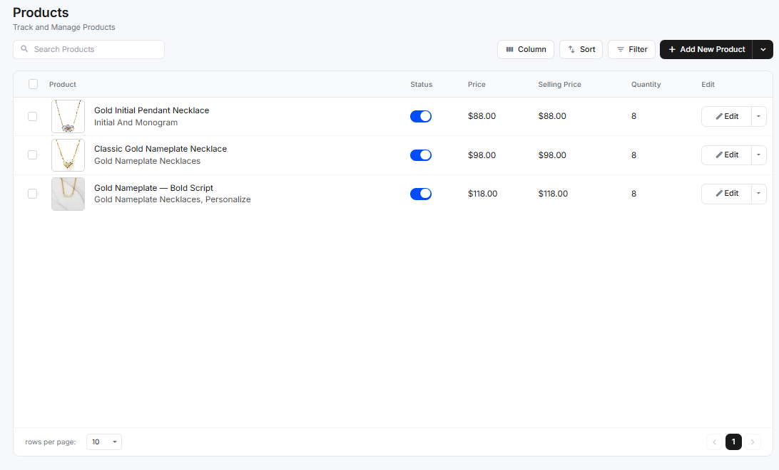The Products page showing the search box, Column, Sort, Filter, and Add New Product controls above the product list