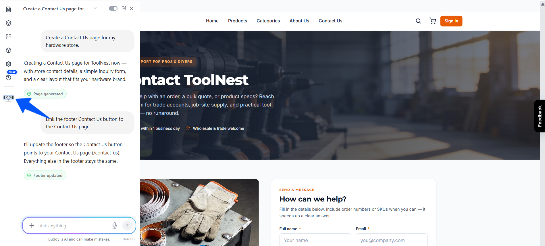 AI Buddy chat in the Builder, generating a Contact Us page and updating the footer from prompts