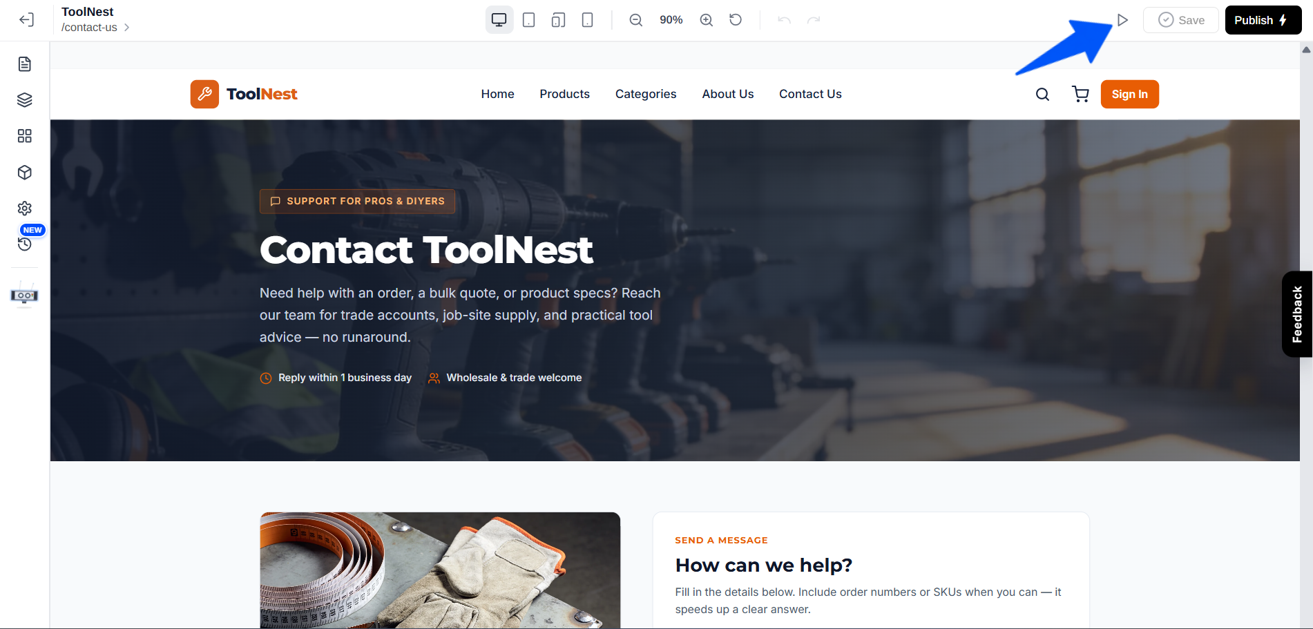The Builder top toolbar with the Preview, Save, and Publish buttons