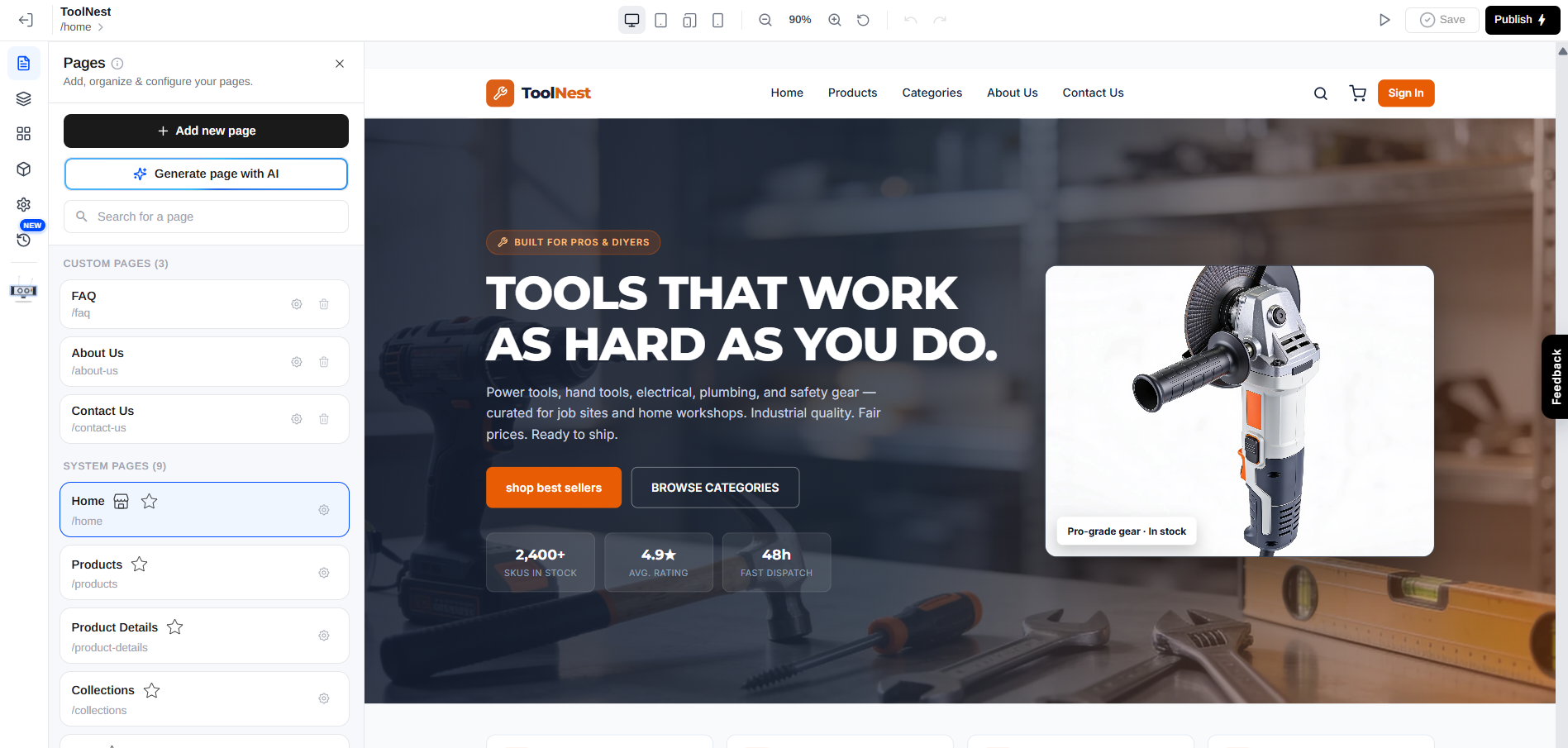 The Builder workspace with the left menu and the live storefront canvas