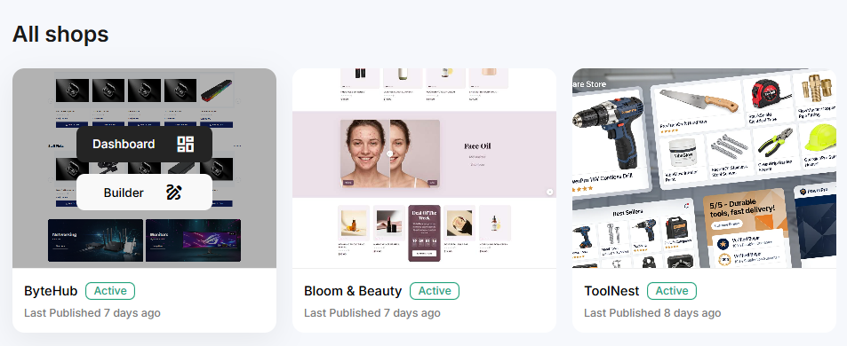 The All Shops page with the Dashboard and Builder options on a shop card's hover