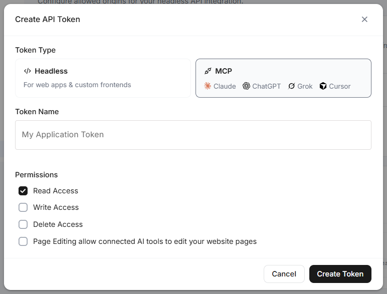 The Create API Token dialog with the MCP token type selected